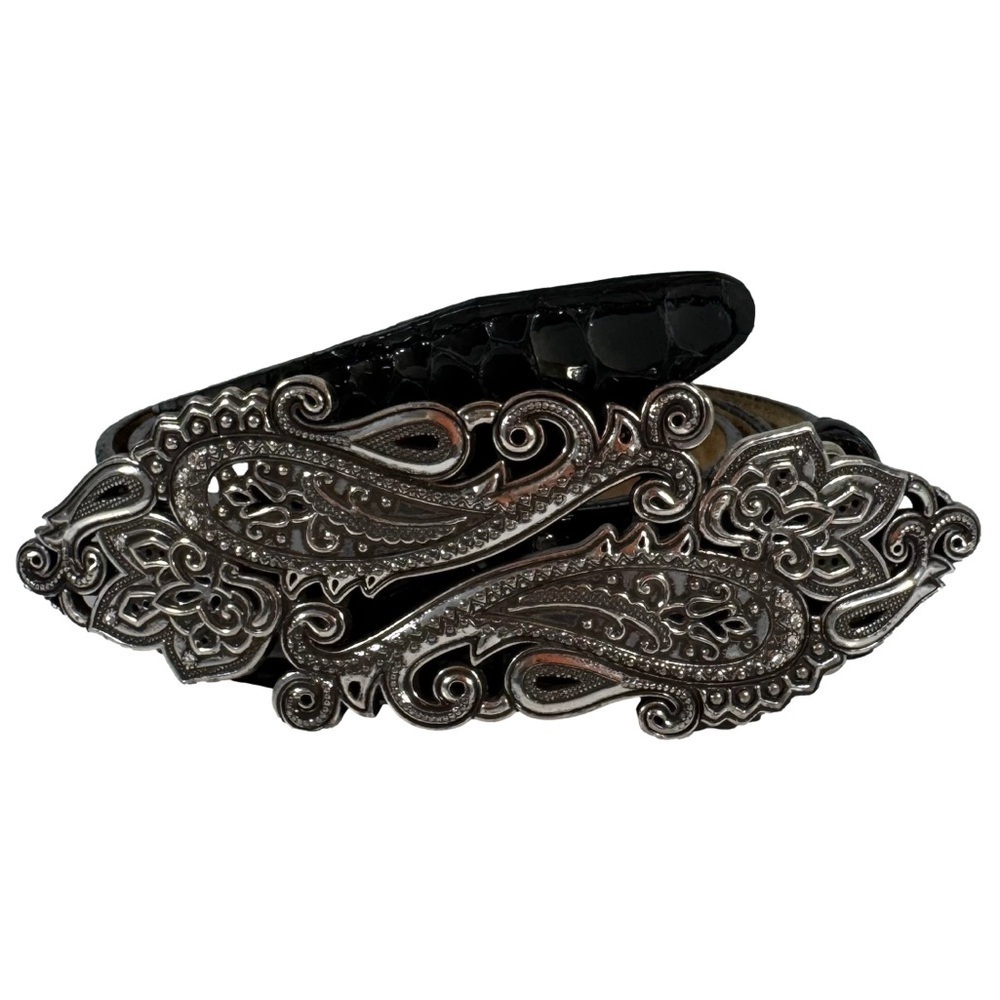 Vintage Brighton Leather Belt Sz 32 Black Large Silver Plated Buckle Snakeskin